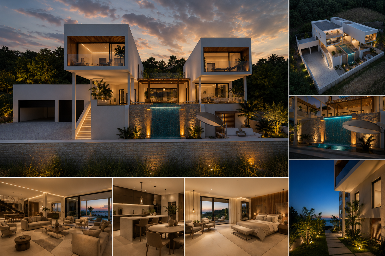 Villa Horizon — maison BBC construite en Bourgogne, vues d'extérieur, intérieur, cuisine, chambre et jardin au crépuscule