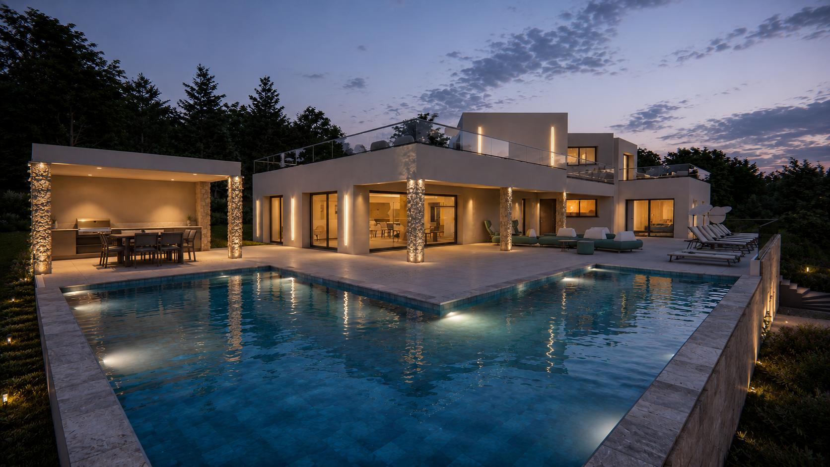 Villa Altis — façade contemporaine au crépuscule, piscine et terrasses sur les hauteurs de Mâcon