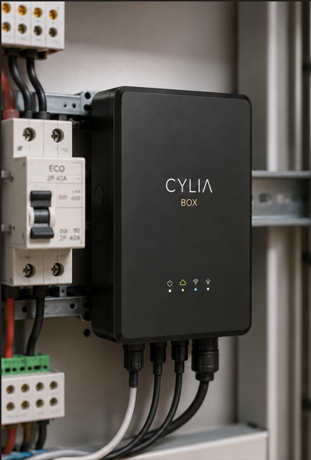 Boîtier connecté CYLIA installé dans un tableau électrique